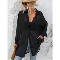 Elegant Love Longbluse Oversize Chiffon-Hemdbluse transparent – lockere Strandtunika Luftiger Sommer-Überwurf, durchscheinende Loose-Fit Bluse