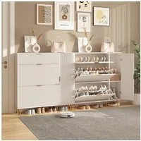 PXloue Schuhschrank mit 2 Klappen Schuhregal Schukipper( mit Kippsicherung)  Schuhkommode im Flur Diele,Trennwand verstellbar, 114,5x24x110cm