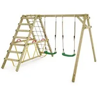 Wickey Doppelschaukel Smart Hike – Schaukel-Kletter-Kombi mit 10 Jahren Garantie*, (Kinderschaukel - Kreativer Spielspaß mit Klettern & Schaukeln kombiniert, Gartenschaukel mit zwei Sitzen & Kletteranbau), Robuste Holzschaukel mit Kletterelement und 