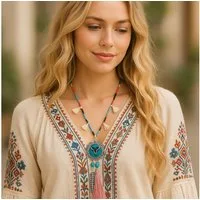 Ella Jonte Lange Kette, Büffel-Kette im Boho-Style – Statement mit Federn & Quasten