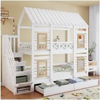 Flieks Etagenbett, Kinderbett Hausbett 90x200cm mit 2 Schubladen und Stauraumtreppe