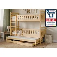 Kids Collective Etagenbett Hochbett Stockbett Kinderbett 90x200 cm mit Ausziehbett und Schubladen (Modell 2025), Umbaubar zu 3 Einzelbetten mit Lattenrosten & Rausfallschutz, Natur