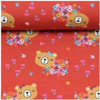 larissastoffe Stoff Jersey Stoff Bären Blumen rot, Meterware, 50 cm x 150 cm