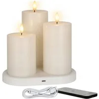 Spetebo LED-Kerze 3er Set Echtwachs Kerze wiederaufladbar mit Ladestation (Anzahl, 1-tlg.,15 / 12 / 10 cm), Künstliche Stumpenkerze mit Flammen Effekt Akku betrieben