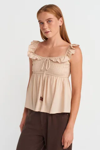 Ärmellose Bluse mit quadratischem Ausschnitt und Bindeband vorne