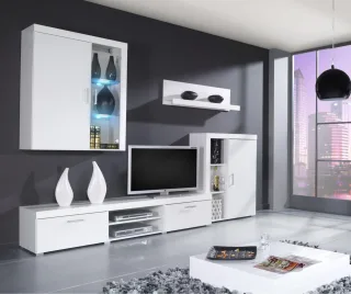 Wohnwand Schrankwand 4 tlg. YORK Weiss HGL mit LED-Beleuchtung