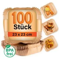 GOURMETmaxx Backpapier Backpapierschalen für Heißluftfritteusen (5–8 l) - 100 Stück, Airfryer Backpapier – flexible Form, 23 x 23 x 4,5 cm