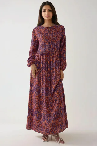 Bedrucktes A-Linien Maxikleid mit Rundhalsausschnitt