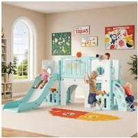TLGREEN Rutsche,9-in-1 Indoor & Outdoor Spielset für Kleinkinder, (179cm Rutsche mit Kletterwand, Basketballkorb, Kinder Spielplatz, mit 2PCS Moduls), Tunnel & Montessori Spielzeug, Sicher, Stabil bis 60kg