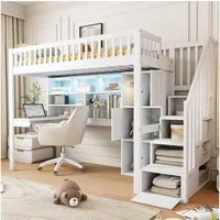 Flieks Hochbett Kinderbett 90x200cm mit Ambientelicht, Ablagefächer und Schreibtisch
