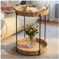 doporro Beistelltisch Couchtisch kleiner Tisch mit 1/2 geflochtenen Ablagen rund Reglo-08, Zwei Materialien zur Auswahl
