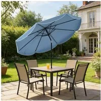 Outsunny Sonnenschirm rund Balkonschirm mit 3-facher Neigung Kurbel 8 Streben, LxB: 265x265 cm, rund Balkonschirm, Strandschirm, für Strand Balkon Garten, Himmelblau