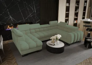 Wohnlandschaft Schlafsofa BASTIEN in Stoff Terra Mintgrün Ottomane Links