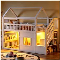Flieks Hochbett Kinderbett Hausbett 90x200cm mit Stauraumtreppe und LED-Beleuchtung
