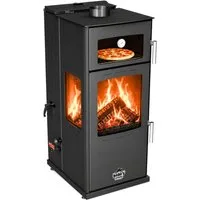 Baba's Kaminofen Gold Plus Hybridofen Pellets und Holz Kombiofen Kaminofen mit Backfach, 12 kW, Dauerbrand, Dauerbrandofen, (3-Scheiben 3 Seitig Verglast Panoramascheibe), Panorama Holzofen Holz Ofen Kamin