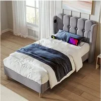 Flieks Polsterbett, Holzbett Einzelbett mit USB/Typ-C Ladeanschlüsse 90x200cm grau Leinen