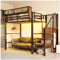 Flieks Hochbett Metallbett 90x200cm mit LED abnehmbarem Lagerregal & Stauraumtreppe