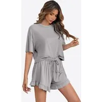 Imily Bela Hausanzug Damen Weich & Atmungsaktiv Pyjama Set 2-teilig (Set, 2 tlg., Hausanzug mit Crop-Top & Rüschen-Shorts) elastischer Taillenbund mit Kordelzug