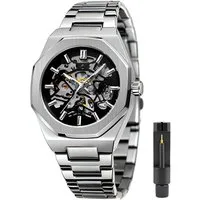 S&T Design Automatikuhr Mechanische Uhr Skelett Edelstahl, (inkl. Uhrenetui, und Armbandkürzer), Automatik Armbanduhr für Herren, Achteckig, Wasserdicht, Transparent