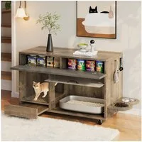 Flieks Mehrzweckschrank bewegbar Katzenkloschrank mit Futternäpfe und Sandauffangschale (100×45,5×67 cm, 1-St) Katzentoilettenschrank mit Rollen, Acryltür und Lochplatte Holzoptik