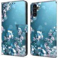 CLM-Tech Handytasche für Samsung Galaxy A25 5G Hülle Tasche aus Kunstleder Klapphülle (Pflaumenblüte blau, Handyhülle mit Standfunktion - Wallet Flip Case inklusive Kartenfächer), - Cover Etui mit Magnetverschluss - Galaxy A25 5G Schutzhülle