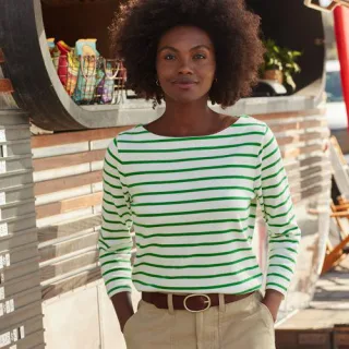 Gestreiftes Baumwollshirt mit 3/4-Ärmeln, Damen,  Weiß, Baumwolle, by Lands' End