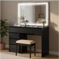 Bellamio Schminktisch Nore mit Spiegel, mit und ohne LED-Beleuchtung (Schwarz, 5 Schubladen, 110x70x53 cm), Kosmetiktisch mit 3 Farbstufen & Touch-Sensor