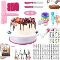 SURFOU Spritzbeutel 200 Stücke Torten Zubehör Set Tortenplatte Drehbar Backzubehör Set (Spatel Muffinförmchen) mit Tortendrehscheibe und Spritztüllen Spritzbeutel Abgewinkelter