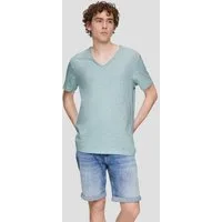 QS Kurzarmshirt T-Shirt Meliertes Baumwollshirt mit V-Ausschnitt