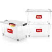 BigDean Aufbewahrungsbox 60 L mit Deckel groß – robuste Stapelbox rollbar mit Klickverschlüssen (Set, 3 St., Aufbewahrungsbox + Deckel + Rollen), Sicher Stapelbar, Platzsparend, Transparent, Rollen, Klickverschlüsse