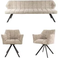 Vintagehaus Polsterbank Set Esstischbank Raster + 2 Armlehnstühle Samt oder Strukturstoff (3 teiliges Set), Frei im Raum aufstellbar