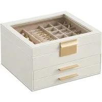 SONGMICS Schmuckkasten Schmuckkästchen, Schmuckbox mit Glasdeckel, wolkenweiß-golden, mit 3 Ebenen, 2 Schubladen, Schmuckaufbewahrung, 20,3 x 23,1 x 13,5 cm