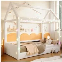 Merax Kinderbett gepolstertes Tagesbett Jugendbett Bodenbett im Hausdesign (1-tlg), Massivholz Hausbett 90x200cm mit LED-Lichtleisten und Leinenbezug