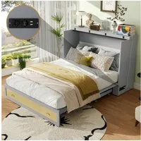 TavilaEcon Schrankbett Klappbett mit Schubladen am Bettende & USB & Steckdose, 140x200cm Umbaubares Plattformbett, Grau