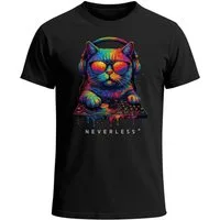 Neverless Print-Shirt Herren T-Shirt DJ Katze Musik Print Festival EDM Shirt mit mit Print