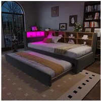 MODFU Schlafsofa mit Steckdosen & Stauraumfächern, Flanellbezug, Polsterbett mit Ausziehbett, LED-Leuchten, Einzelbett 90 x 200 & 90x190 cm, ohne Matratze