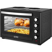 TZS FIRST AUSTRIA Minibackofen mit Kochplatten 60L 3400W, stufenlose Temperaturregelung bis 230°C, max 230°C, Backblech, Drehspieß, Grillrost, Innenbeleuchtung