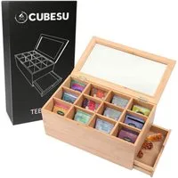 Cubesu Teebox Premium Holz Teebeutelbox Teekiste Teebeutel Box, Bambus, 12 Fächer mit Sichtfenster & Schublade