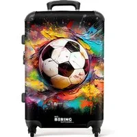 NoBoringSuitcases.com© Kinderkoffer mit leuchtende Räder - Fußball umgeben von Farbklecksen 67 cm - 72 L, 4 Rollen, Koffer Mittelgroß für 20kg, Suitcase für Erwachsene, Reisekoffer