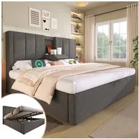 TavilaEcon Boxspringbett Hydraulisches Polsterbett mit verstecktem Becherhalter & Ladestation (1-St), mit U-förmige Eisenstange, 180×200cm, beige/grau