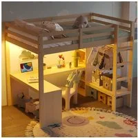 Flieks Hochbett Kinderbett Holzbett 140x200cm mit LED & USB, Schreibtisch, Stauraum
