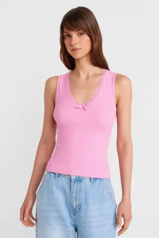 Spitzen-Ripp V-Ausschnitt Bluse