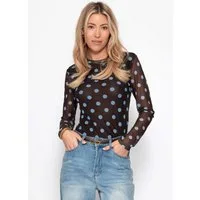 SASSYCLASSY Langarmshirt Mesh Langarmshirt mit Punkten für Damen Leichtes Shirt mit gefütterter Vorderseite und Rundhalsausschnitt