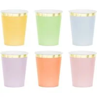 partydeco Becher, Papier, Pappbecher 220ml mit Goldrand 6er Set Bunt Pastell / Gold