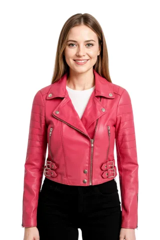 Damen-Bikerjacke aus Fuchsia-Pink mit verkürzter Brando-Optik, Bellville