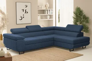 Ecksofa Sofa mit Schlaffunktion METZ Stoff Poso Blau Ottomane Rechts