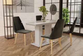 Essgruppe Weiss HGL-Tisch mit 4 Dunkelgrau CAROS Stühlen für Esszimmer oder K...