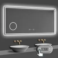 duschspa Badspiegel 80-160cm mit LED, Uhr, Beschlagfrei, Schminkspiegel, Kalt/Warm/Neutral Licht, dimmbar, Helligkeit-Speicherfunktion