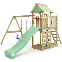 Wickey Spielturm MultiFlyer mit Schaukel & Rutsche und Kletterleiter, 10-Jahre Garantie*, Integrierter Sandkasten, Klettersteine