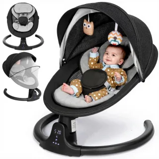 Baby Swing for Infant, Electric Bluetooth Music Bouncer Rocker with 5 Sway Modes, 3 Timing, Removable Cushion, Black